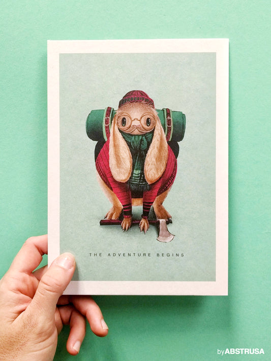 Süßer Hase auf Wanderreise — A5 Postkarte